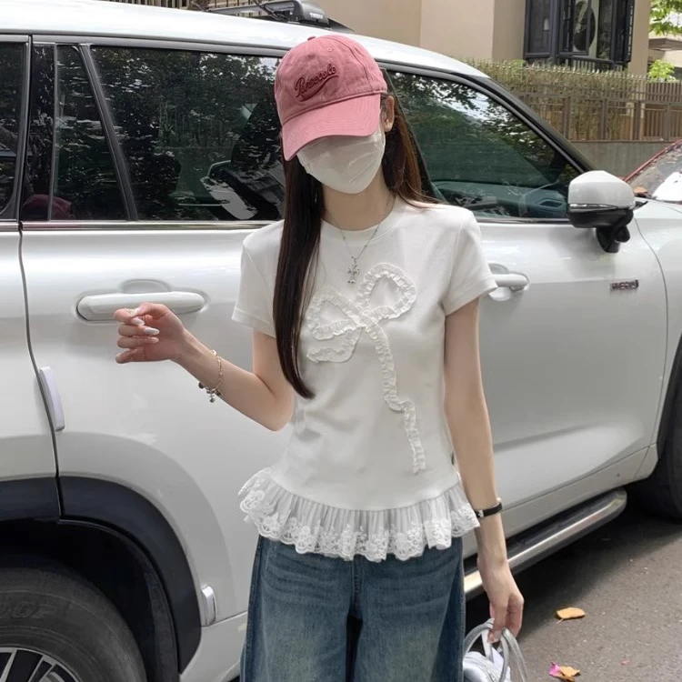 白色蕾丝下摆短袖女t恤夏2025新款体恤修身显瘦设计感蝴蝶结上衣