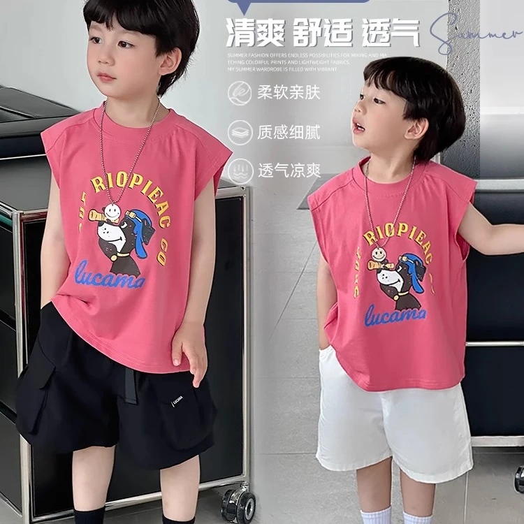 纯棉男女童夏季卡通无袖T恤新款儿童印花纯棉背心中小童宝宝上衣t