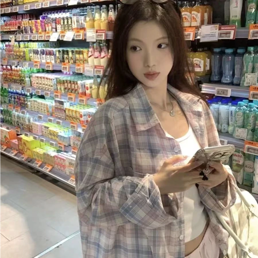 韩版复古格子春夏衬衫女外套防晒衣新款小清新宽松休闲百搭衬衣