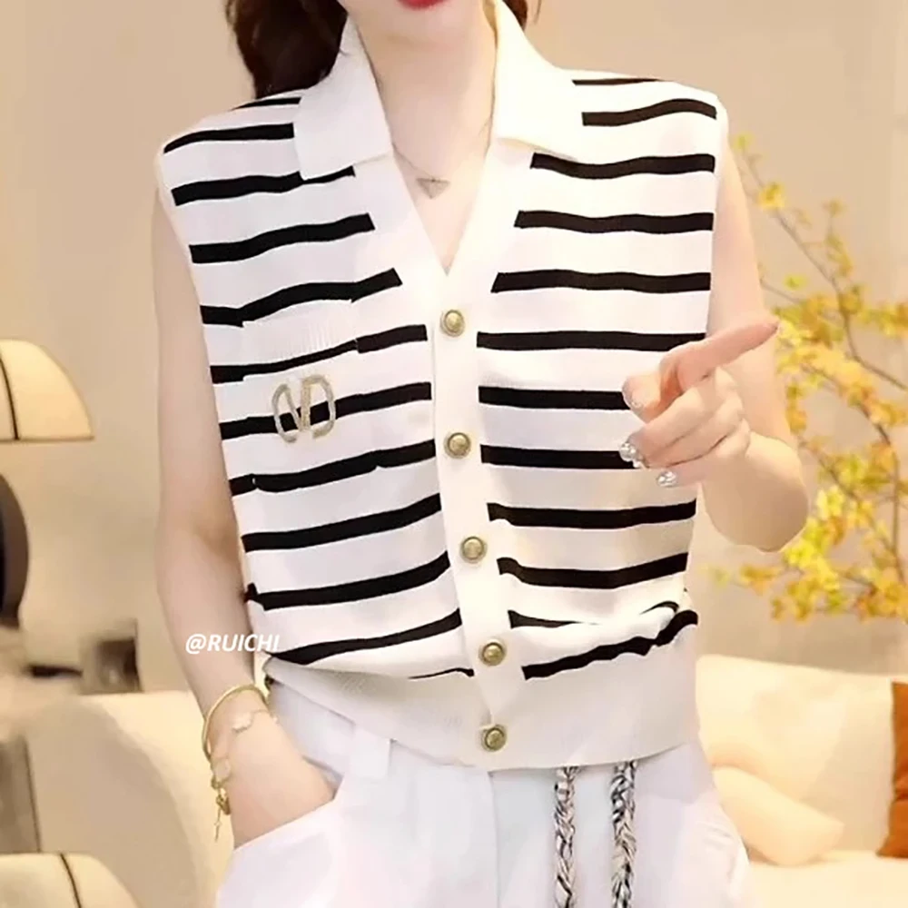 2025夏季韩系 POLO领小V领金扣小香风背心薄款短款针织衫上衣女