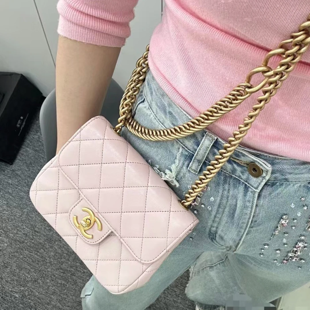 99新 Chanel/香奈儿 23S CF方胖子 粉色 金扣 菱格纹 链条包