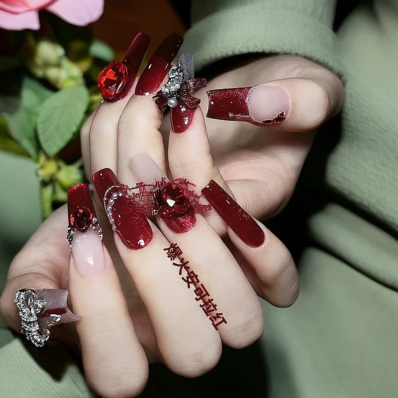安可拉红色美甲钻饰品平底尖底异形圆奢华气质K9玻璃指甲配饰用品