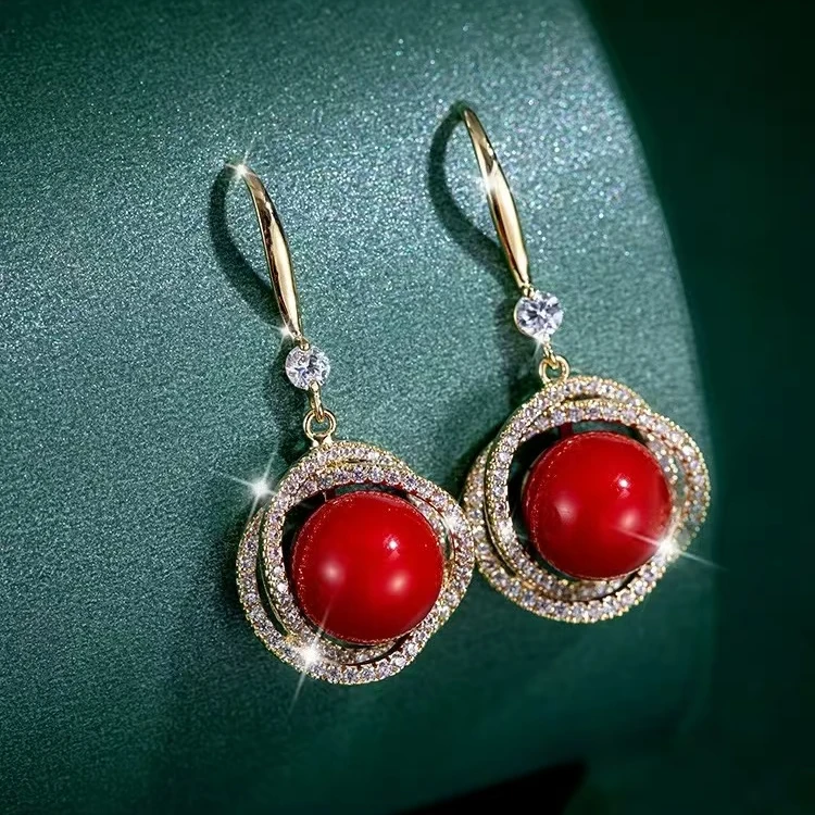 铜合金合成锆石耳饰 080红色精致爆款珠珠精美优雅气质女士式耳环