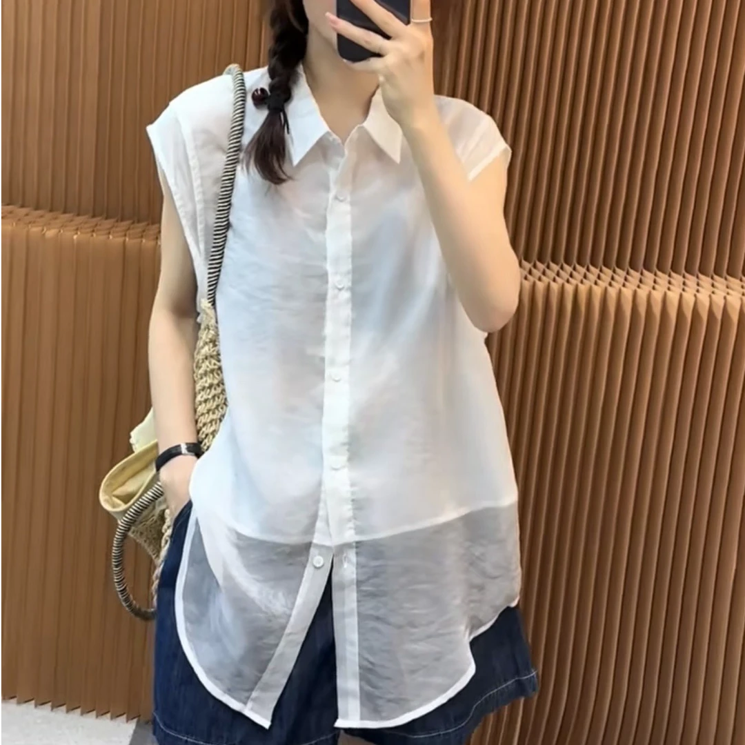 【高端定制】2025夏季新款Polo领无袖网纱时尚假两件衬衫女上衣