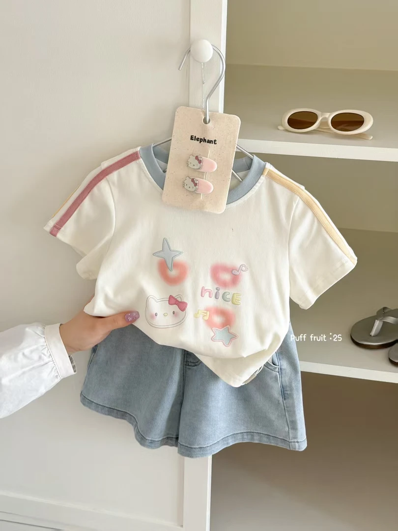 pyf-韩系印花短袖牛仔短裤凯蒂猫套装-8182