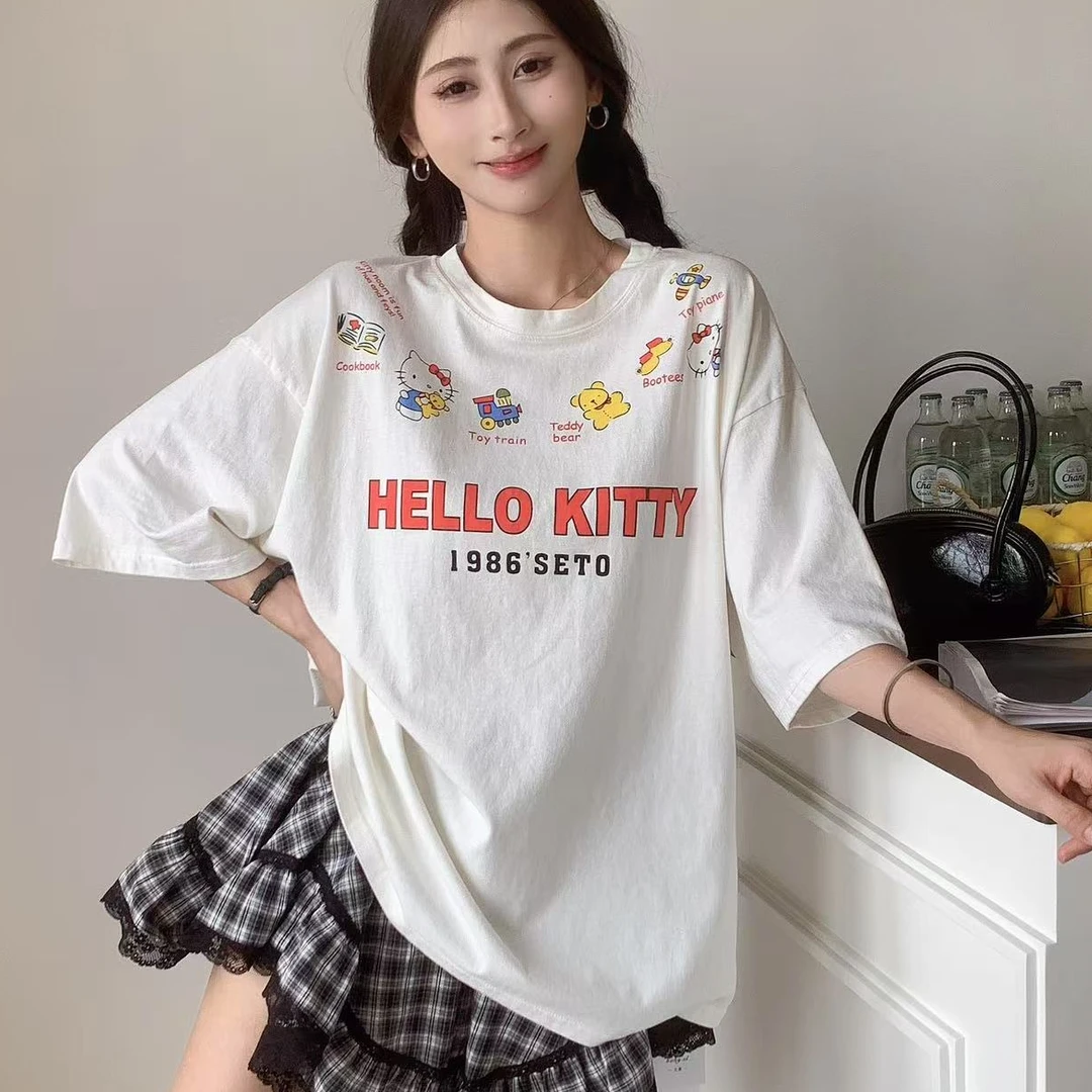 【纯熙+】82396夏季新款字母小猫卡通印花T恤女韩版宽松百搭