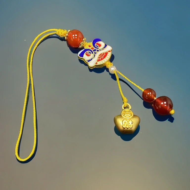 国风醒狮红玛瑙招财黄铜聚宝盆手机挂饰8MM钥匙扣吊坠发一件