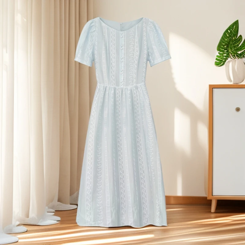 夏季新款2025法式泡泡袖高级收腰连衣裙送+发箍-W01