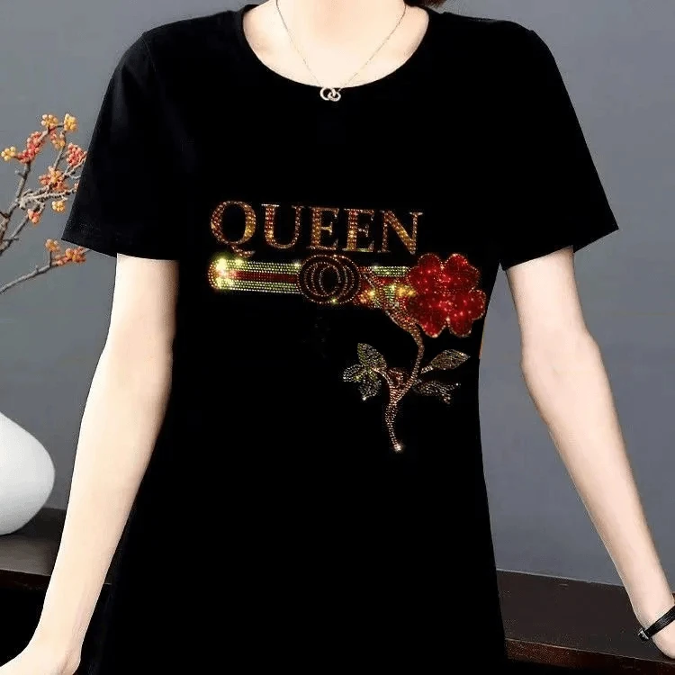 大码拼接短袖烫钻夏季打底衫百搭时尚女士T恤显瘦遮肉上衣夏装