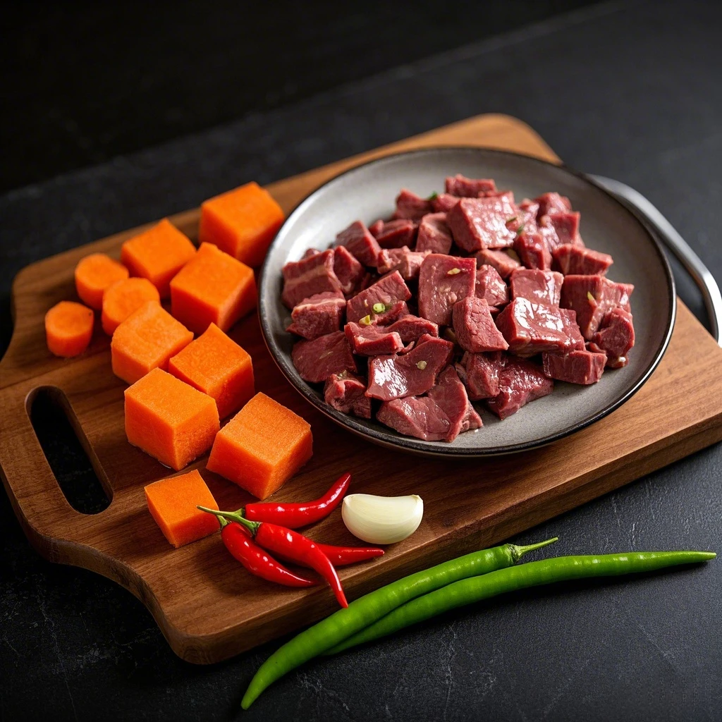 红萝卜烧肝衣子（鲜熟连干肝肉约250g）