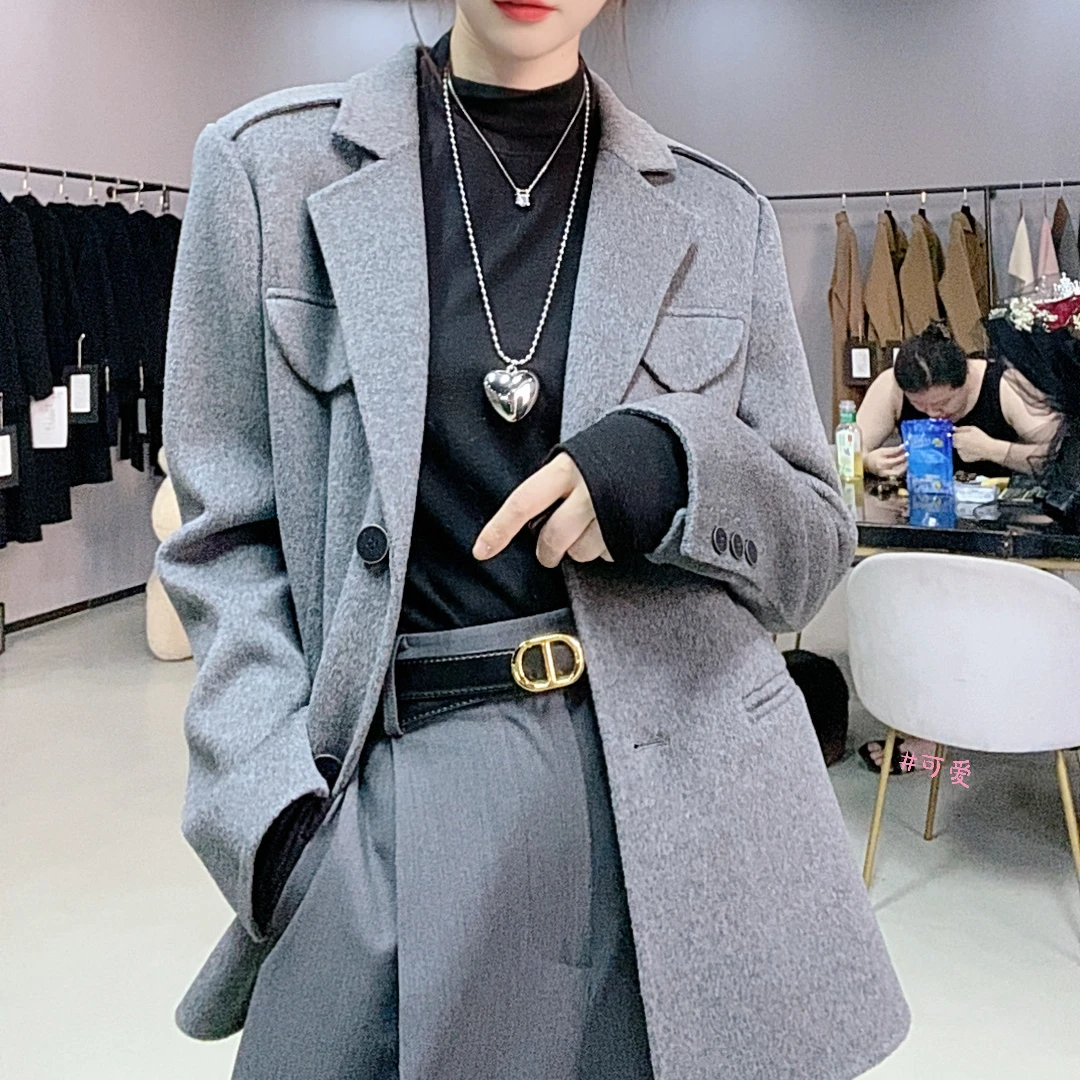 西装领女纯色常规老钱风毛呢外套大衣上衣秋冬8881