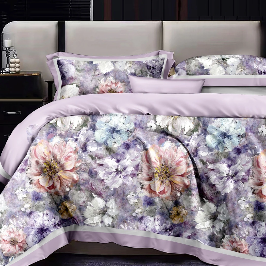 B5289 纯棉100s活性数码印花双人床单 沁园春-紫245*250轻奢