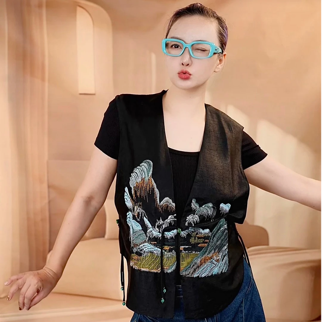 丸绔新中式重磅桑蚕丝香云纱龟裂纹老料中式马甲