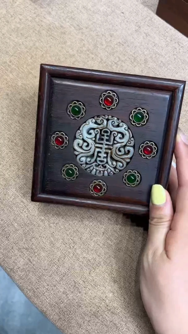 木玉石镶嵌四方抽拉盒