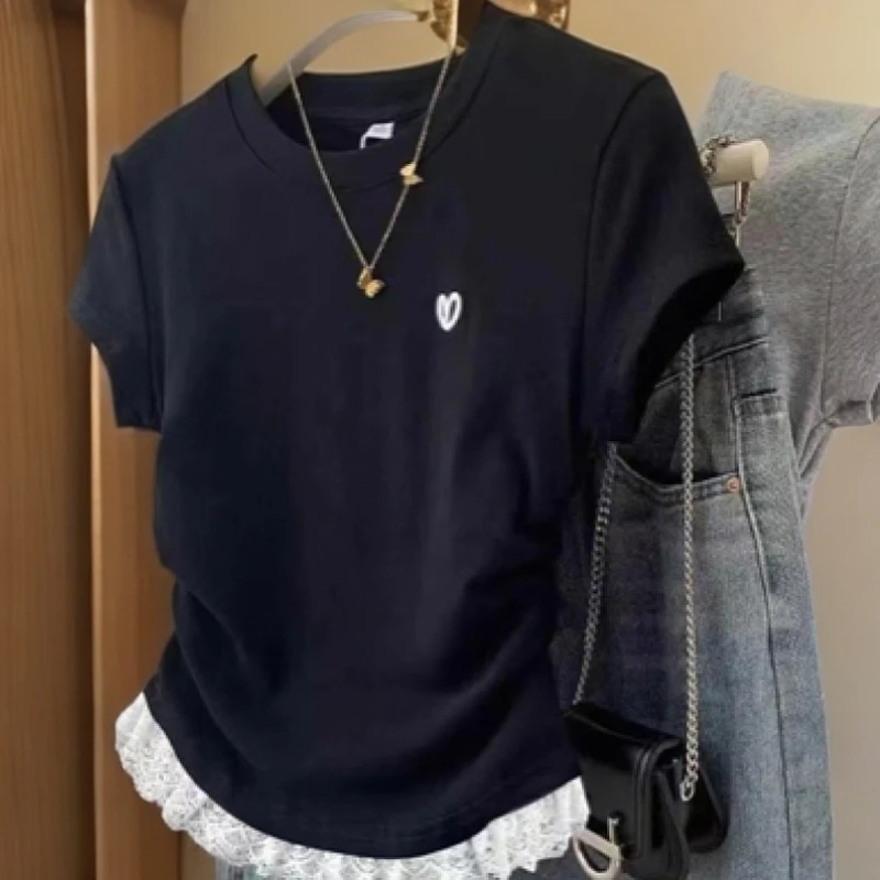 ～（姐姐家）短袖刺绣蕾丝拼接甜辣女孩短袖T恤时尚圆领简约黑色