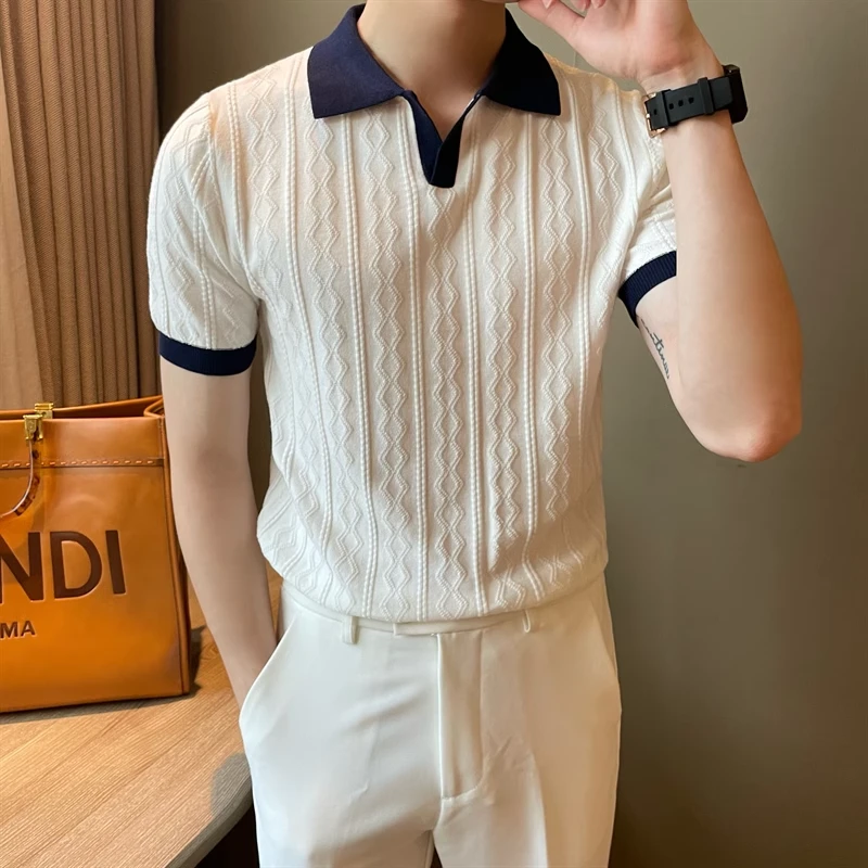 奥美普西比夏季透气拼色潮男Polo衫V翻领弹力提花纹理修身短袖