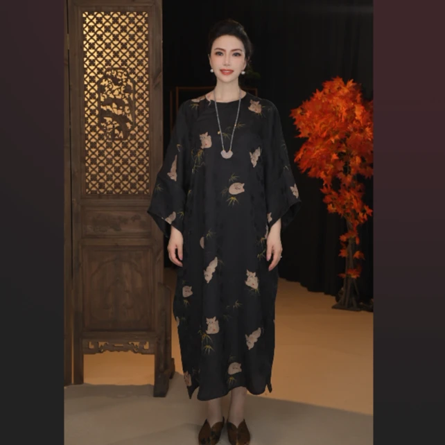 【猫竹清影】2025新款提花新中式宽松袍子连衣裙