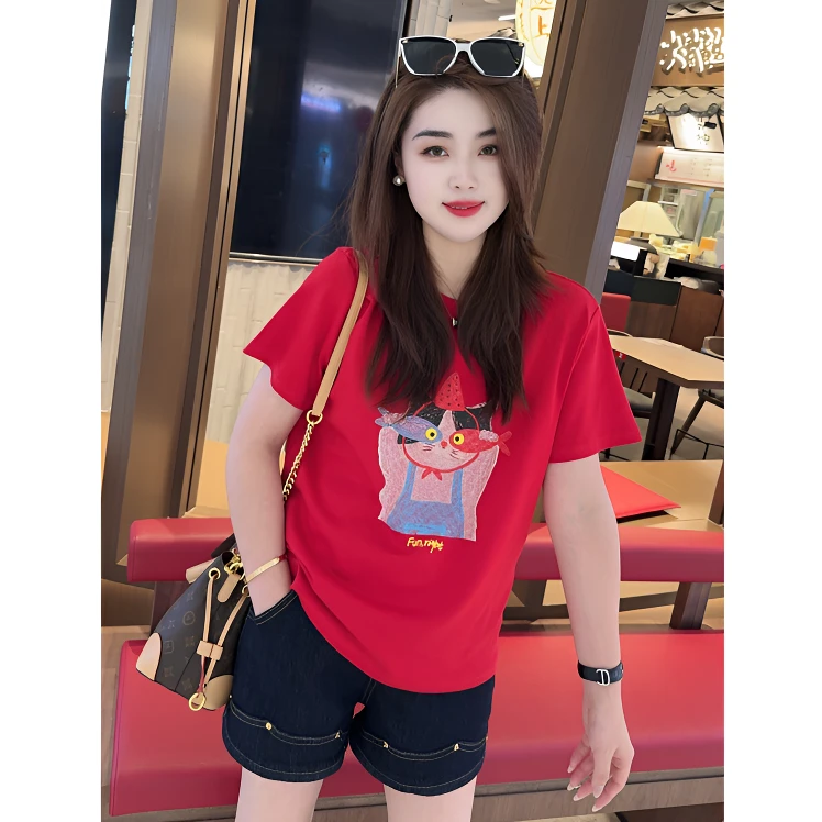 【闺蜜轻奢】2025夏季卡通搞怪猫咪小鱼眼镜印花正肩休闲减龄短袖T