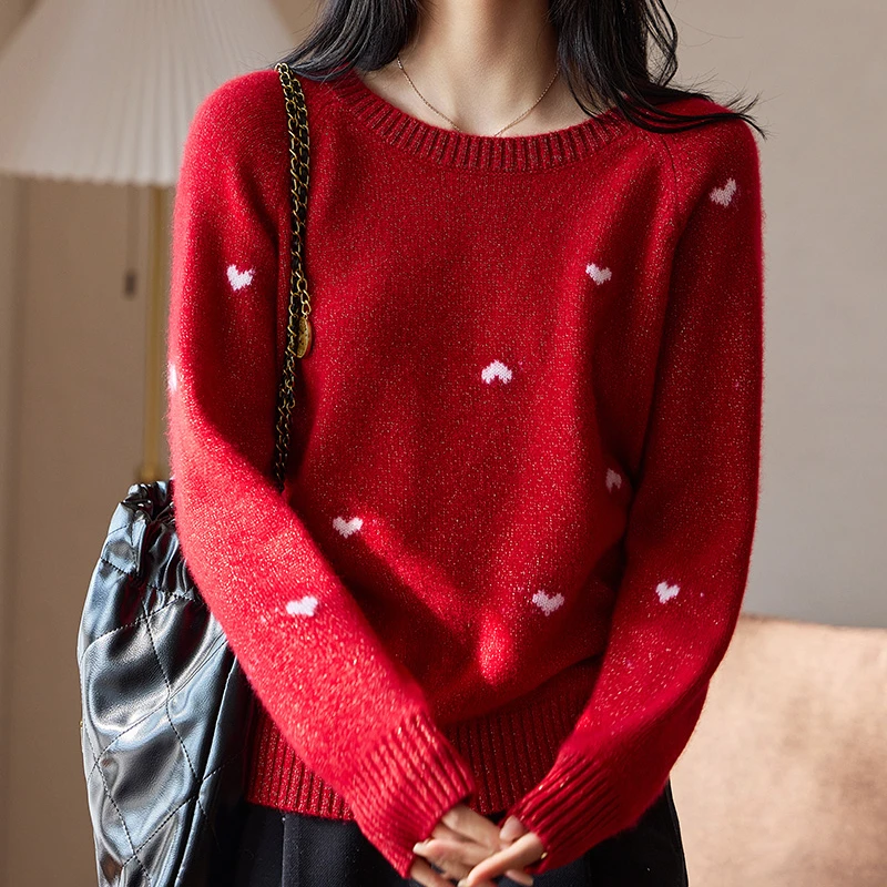 秋冬经典圆领羊毛衫气质提花加厚针织打底衫轻奢百搭拼色宽松毛衣