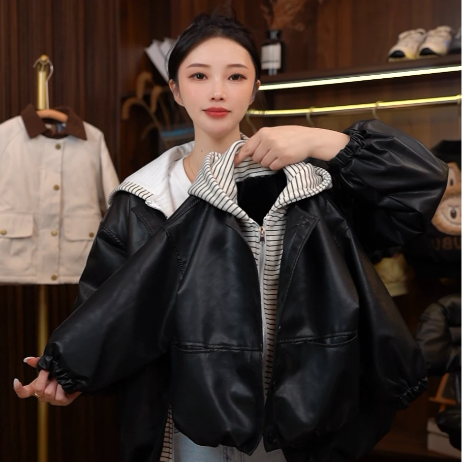 【缝纫机专属】2025新款加绒男女童冬季新款条纹假两件皮衣洋气外套