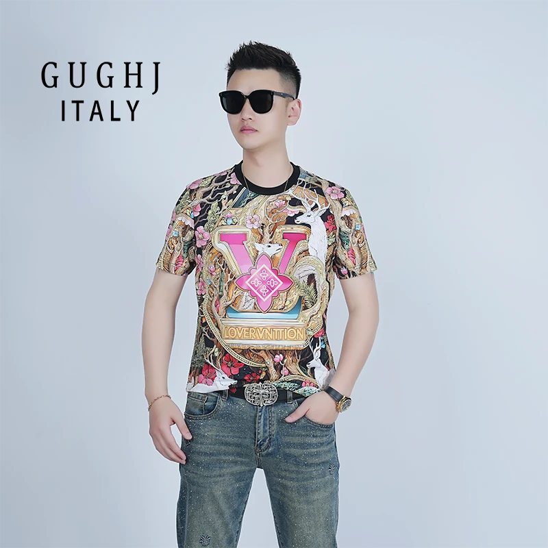 2025夏季新款男士个性印花休闲t恤潮流修身时尚帅气轻奢圆领短袖