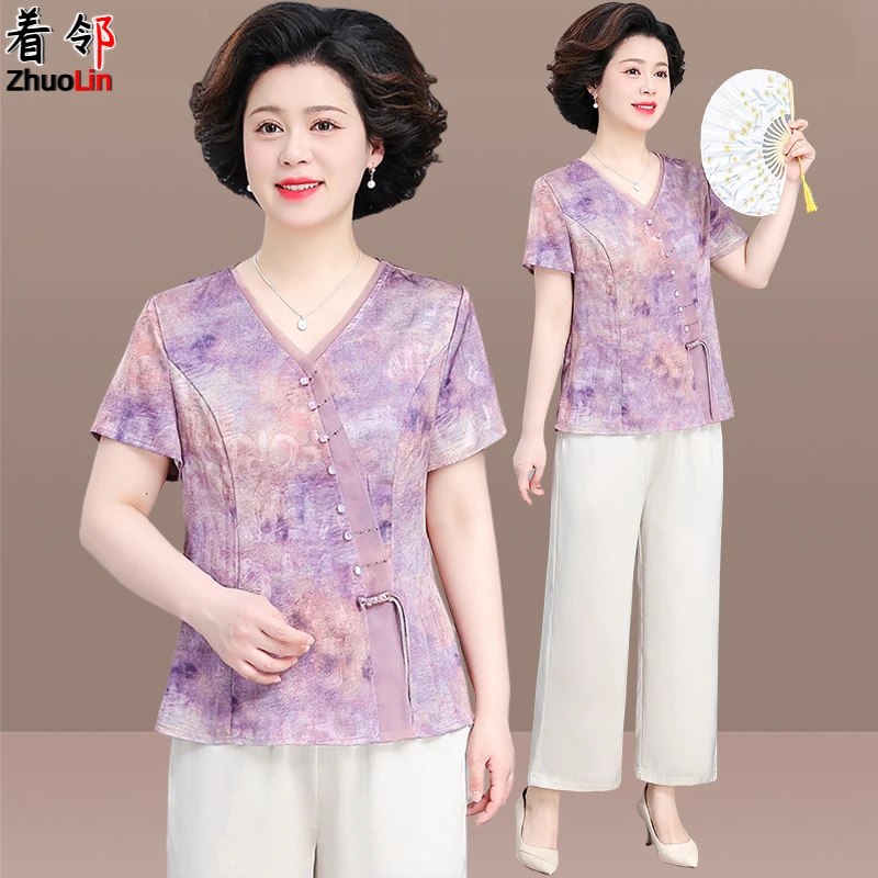 新中式妈妈夏装雪纺衫套装中老年人国风夏季短袖盘扣上衣女两件套