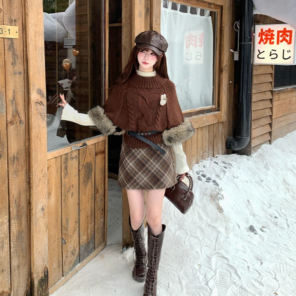 榛果可可 织物猪原创 可拆卸毛绒短毛衣包臀女秋杏色长袖上衣短裙
