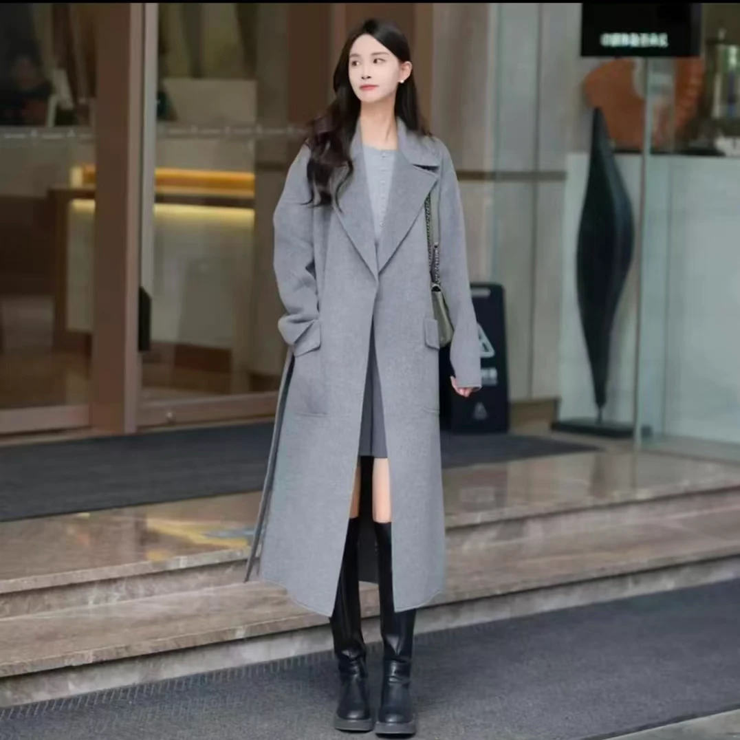 哥弟新款热感力通勤时髦复古系带双面尼大衣外套1400640