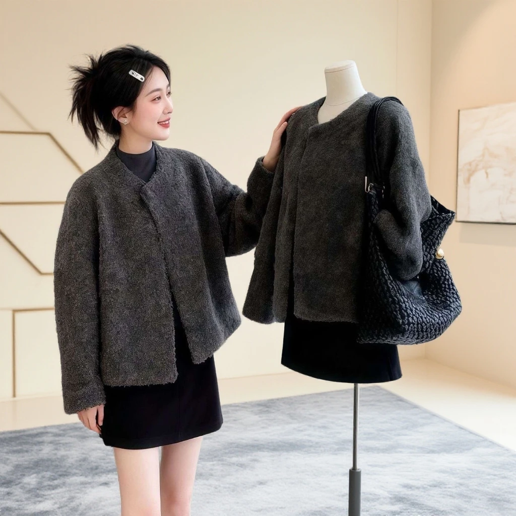 大码胖mm极简风毛呢外套女秋冬季2025新款高级感气质百搭显瘦上衣