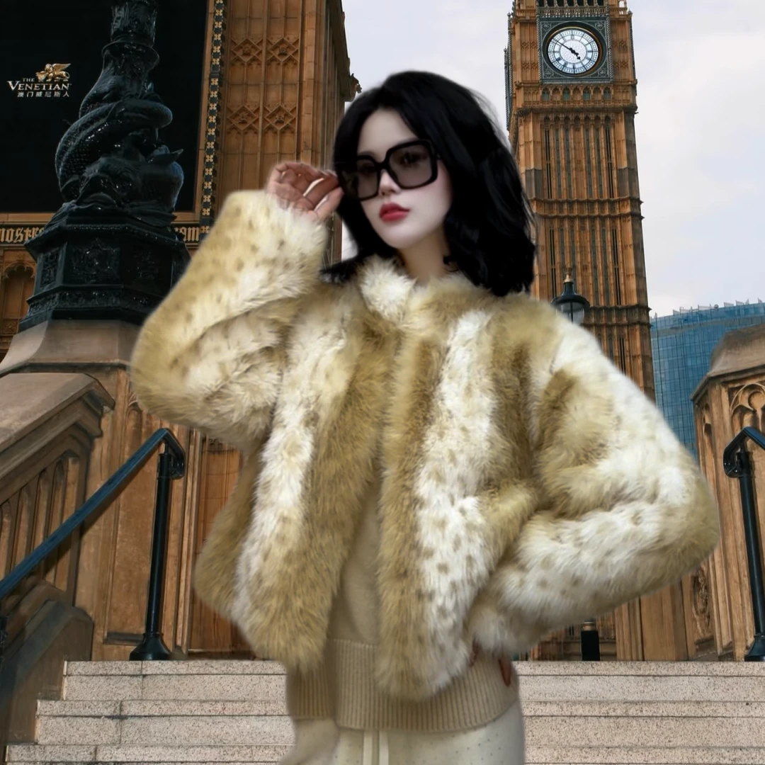 2025新款短款山猫纹设计师毛毛外套