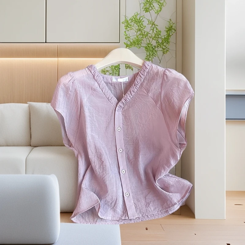 法式气质衬衫紫色木耳边V领衬衫女2025年夏季时尚感小众韩系上衣