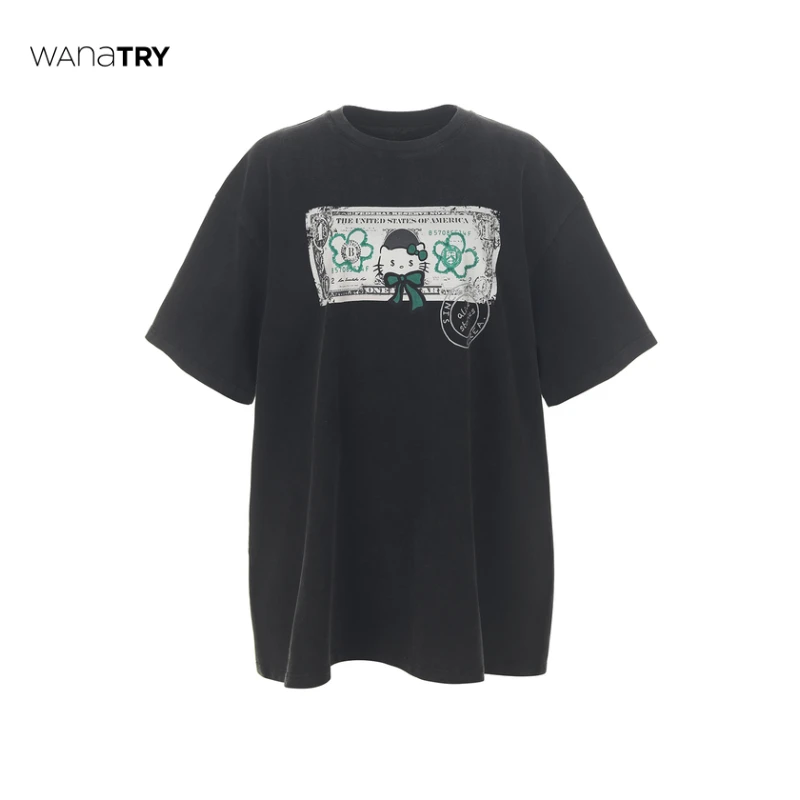 wana try 深灰色炒色做旧搞怪印花大廓形T恤【达人专属】