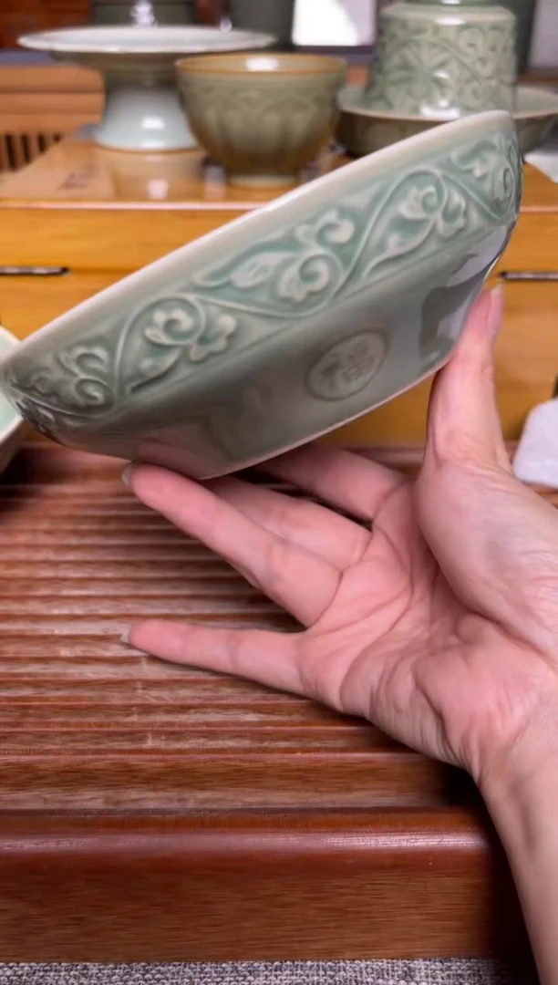 陶瓷耀州窑青瓷6英寸福字蒸碗 微瑕