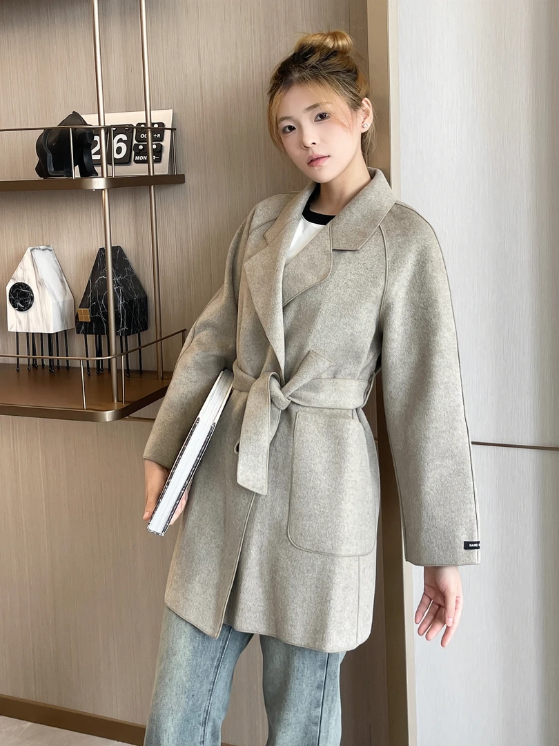 秋冬新款双面羊绒大衣女短款宽松高端西装领毛呢外套双面绒