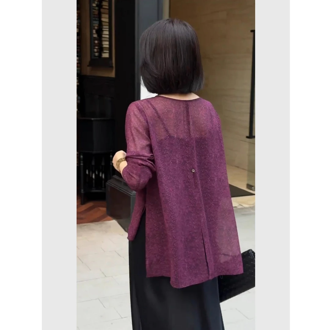 新中式女装紫红色套头开叉防晒衫夏季超好看气质针织冰丝罩衫上衣