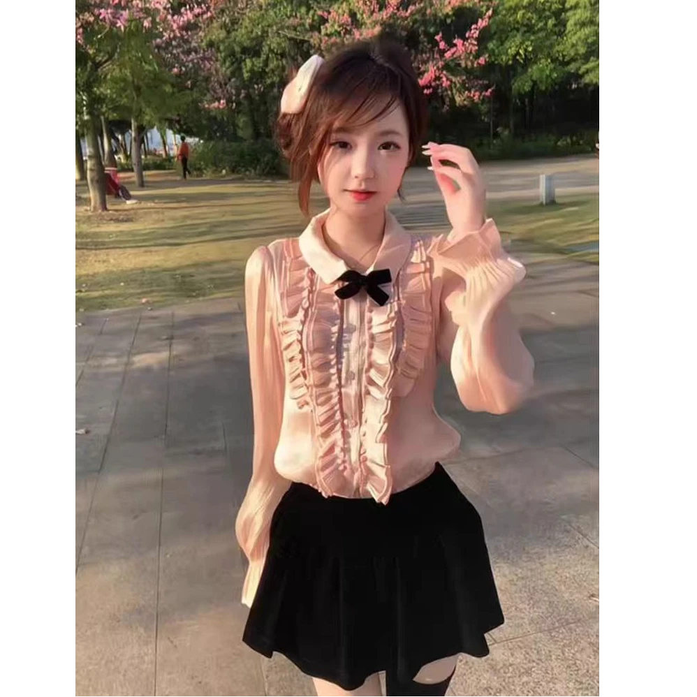 大码法式甜美泡泡袖花边衬衫女春秋荷叶边别致上衣+短裙套装10756