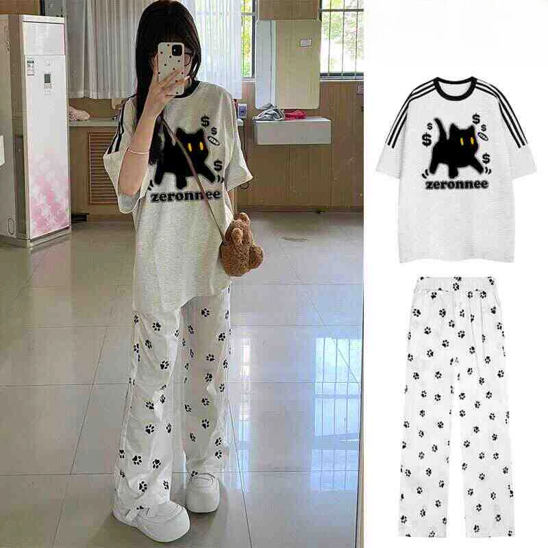 休闲运动裤女夏季新款韩版可爱狗爪印花阔腿裤薄款宽松高腰长裤潮