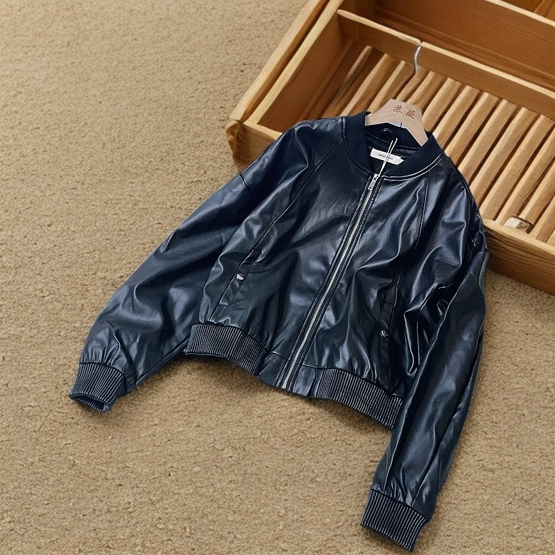 韩版女款休闲帅气pu棒球领短款皮衣外套 202501