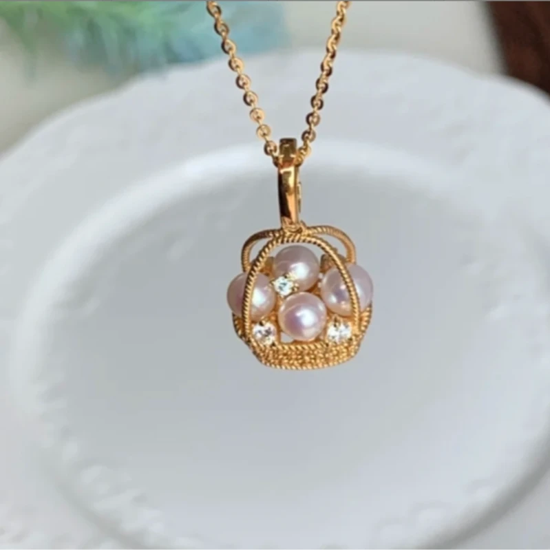 淡水无核珍珠/白珠“财篮子”吊坠/金色