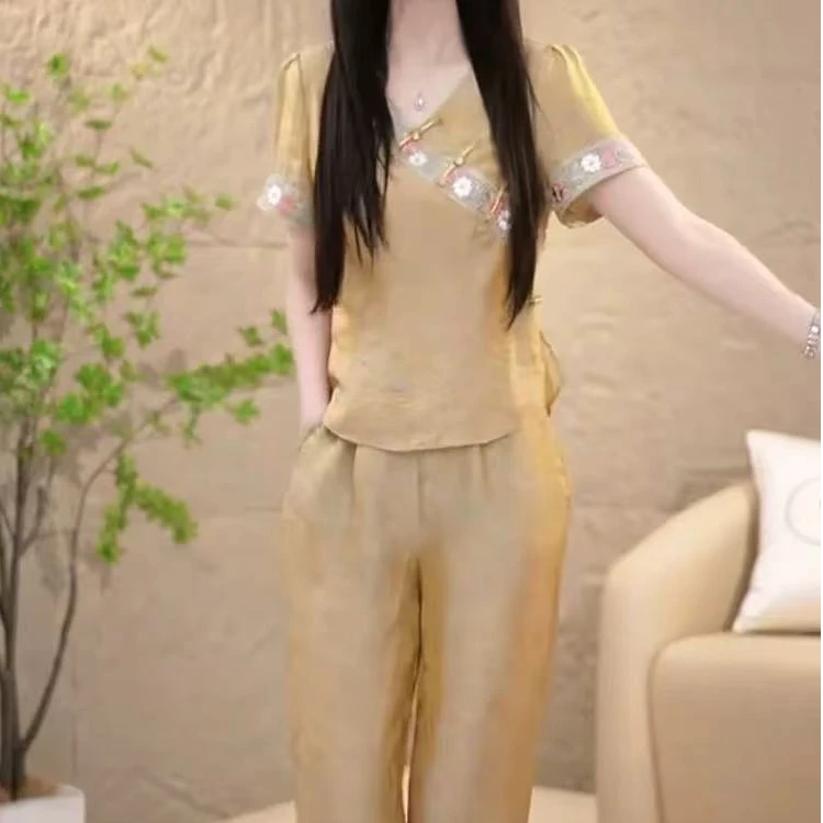 250611气质国风女装夏季盘扣时尚套装新中式复古刺绣V领两件套 NJ