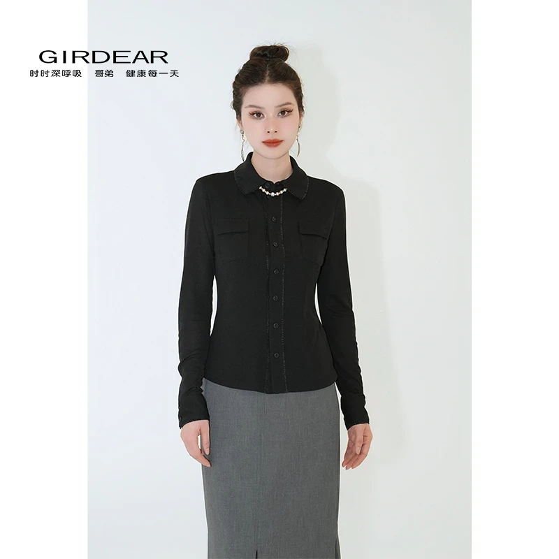 GIRDEAR/哥弟秋季新款气质百搭翻领修身黑色法式长袖衬衫130116