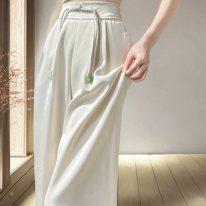 夏季提花阔腿裤女中式国风垂感直筒裤设计感盘扣缎面高腰垂感拖