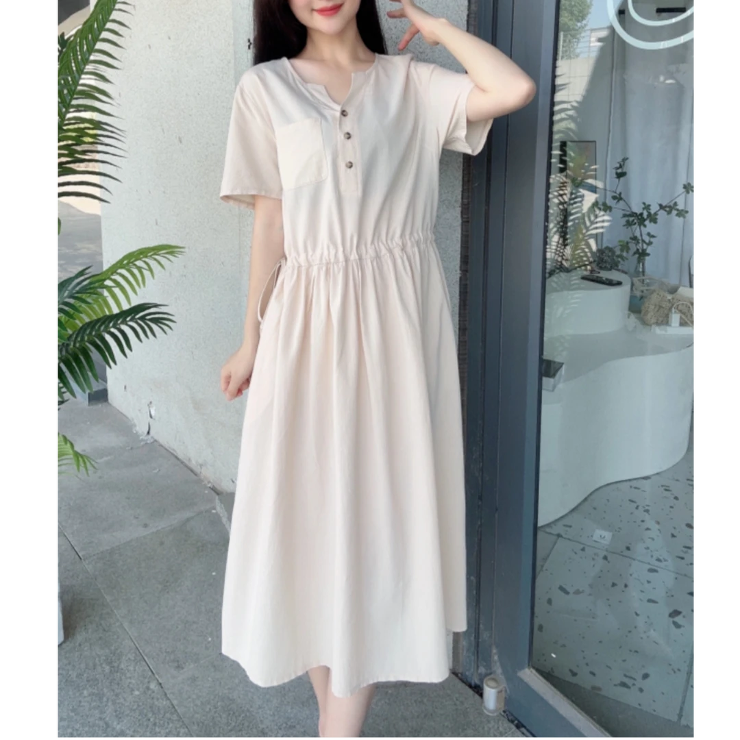 1818 v领收腰休闲纯色连衣裙  F5