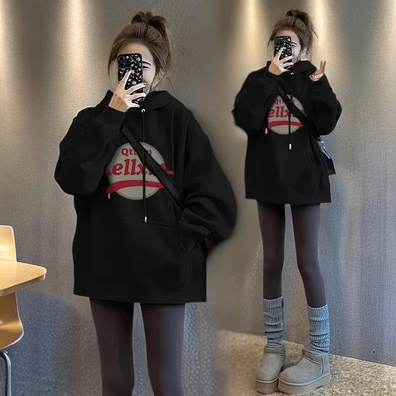 秋冬季黑色连帽卫衣外套女2025新款爆款宽松加绒加厚慵懒风上衣潮