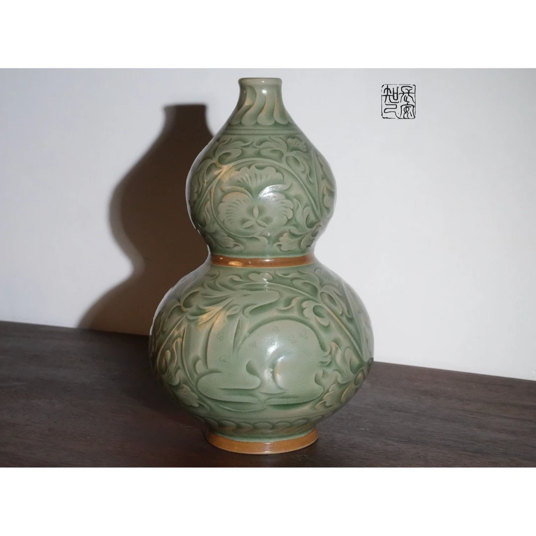 耀州窑青瓷陶瓷非遗手工刻花摆件中式家用茶道香器花器葫芦酒瓶