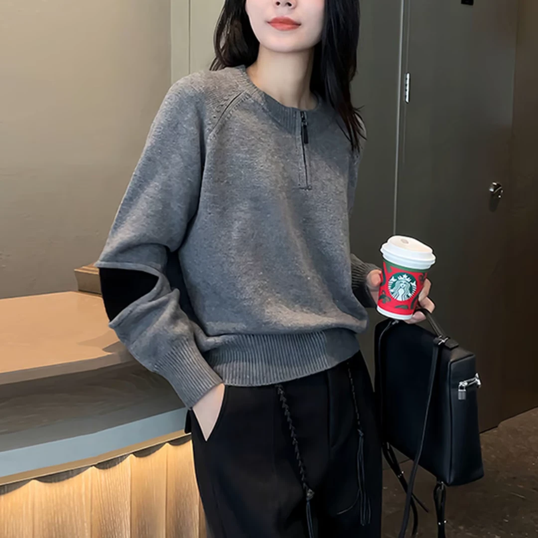 极简风灰色高级圆领半拉链针织衫女2025冬新款韩系休闲设计感毛衣