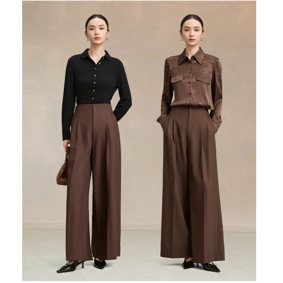 曼德诗高腰休闲裤女2025新款时尚美拉德百搭显瘦阔腿裤M102311529