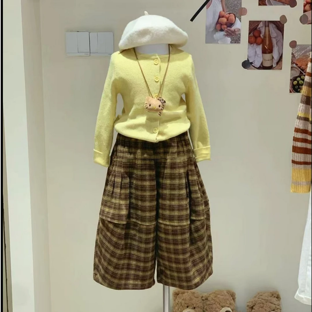 女童秋季新款套装洋气针织外套女宝宝休闲格子阔腿裤两件套