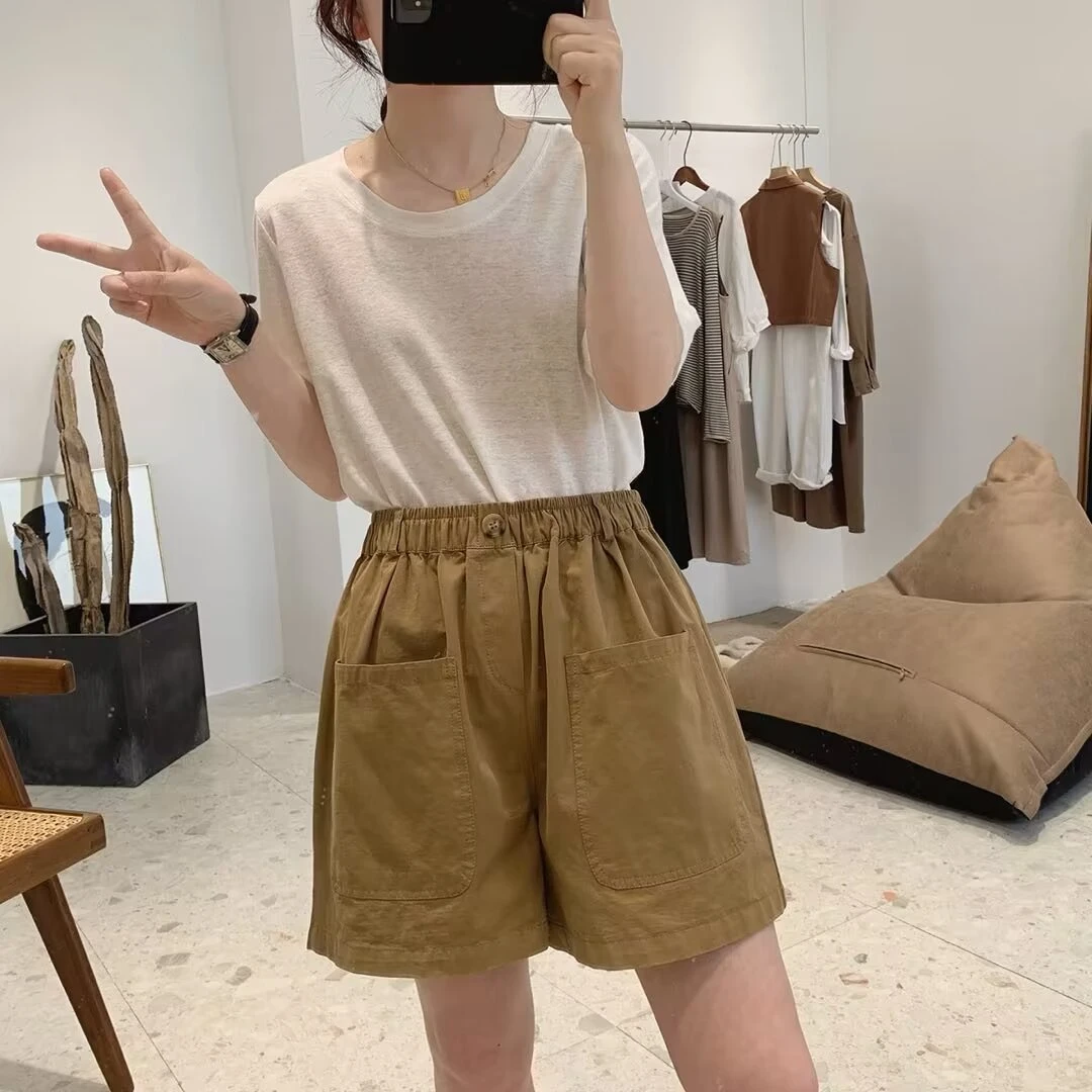 简约大码休闲阔脚短裤松紧腰多口袋一粒扣短裤百搭显瘦