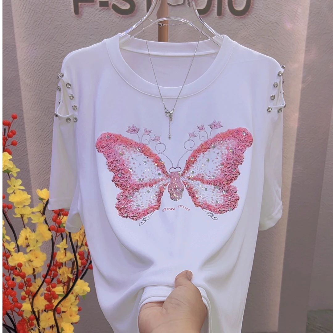 2025夏季新款蝴蝶2365烫钻显瘦百搭短袖T恤洋气重工大码女装